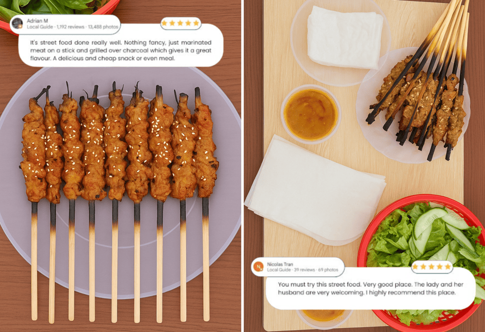 Flavorful grilled pork skewers wrapped in soft steamed rice paper and paired with fresh herbs and a rich dipping sauce